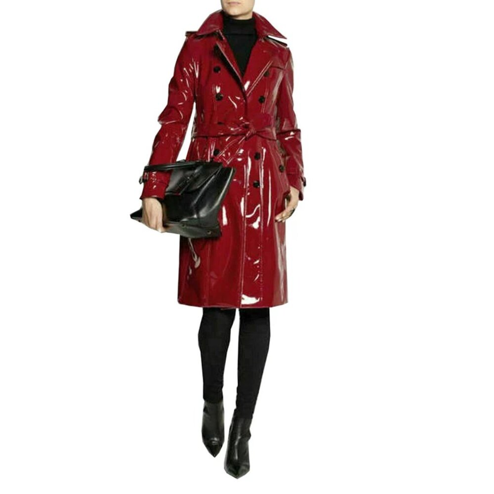 Prime Quality Red Pvc Vinyl Women's Trench Coat - Picture 2 of 4